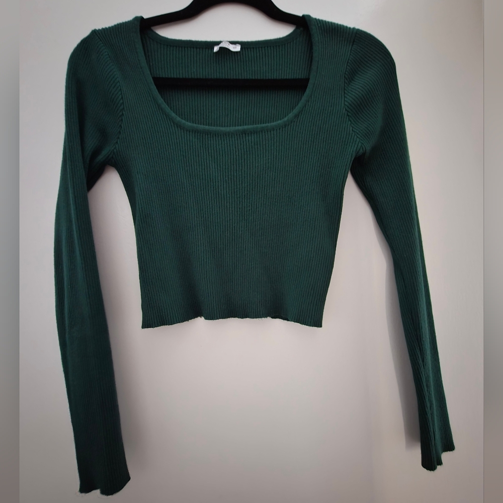 Ribbed Scoop Neck Long-Sleeve Crop Top - Dark Green